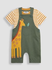 JoJo Maman Bébé Khaki Giraffe 2-Piece Appliqué Dungarees & T-Shirt Set - Image 1 of 7