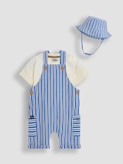Jojo Maman Bébé Blue 3-Piece Stripe Dungarees & T-Shirt Set with Hat - Image 1 of 9