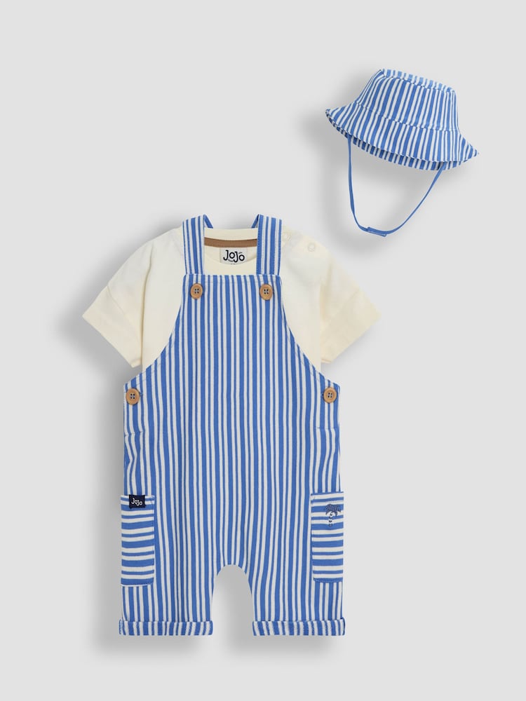 Jojo Maman Bébé Blue 3-Piece Stripe Dungarees & T-Shirt Set with Hat - Image 1 of 9
