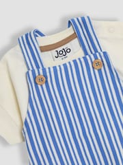 Jojo Maman Bébé Blue 3-Piece Stripe Dungarees & T-Shirt Set with Hat - Image 2 of 9