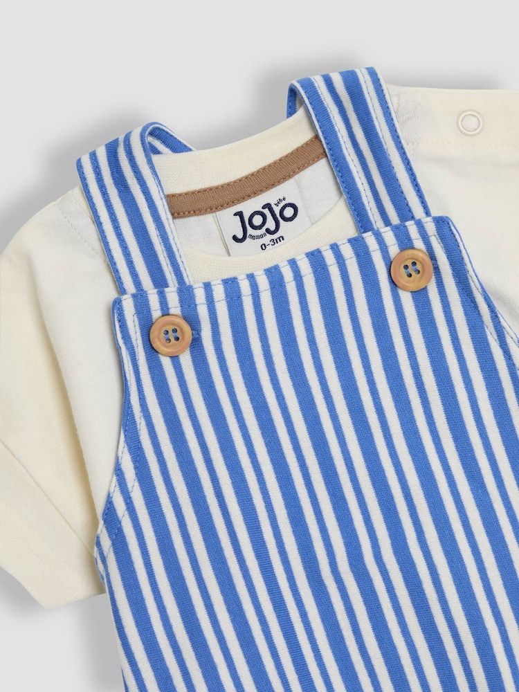 Jojo Maman Bébé Blue 3-Piece Stripe Dungarees & T-Shirt Set with Hat - Image 2 of 9