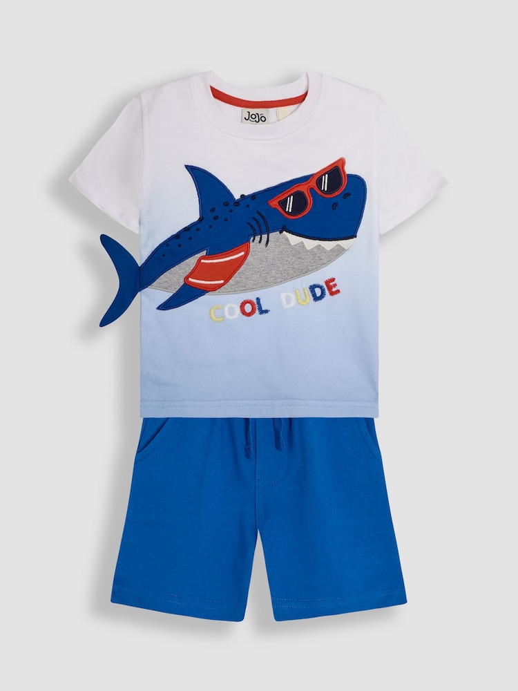JoJo Maman Bébé Blue Shark 2 Piece Appliqué 100% Cotton T-Shirt & Short Set - Image 1 of 6
