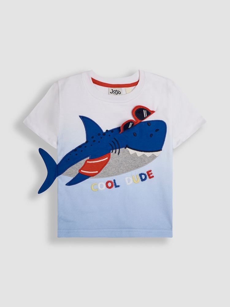 JoJo Maman Bébé Blue Shark 2 Piece Appliqué 100% Cotton T-Shirt & Short Set - Image 2 of 6