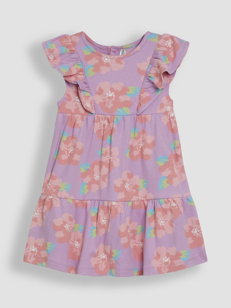 JoJo Maman Bébé Lilac Purple Tropical Floral Frill Shoulder Summer Dress - Image 1 of 3