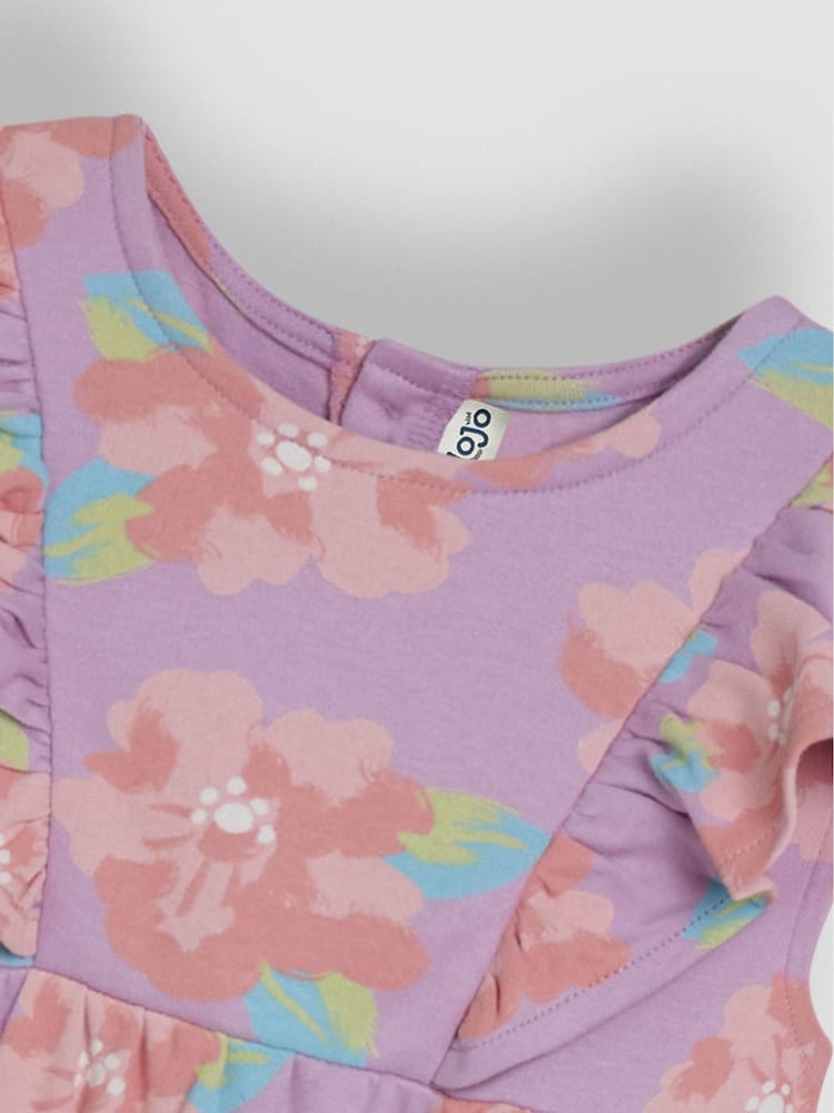 JoJo Maman Bébé Lilac Purple Tropical Floral Frill Shoulder Summer Dress - Image 3 of 3