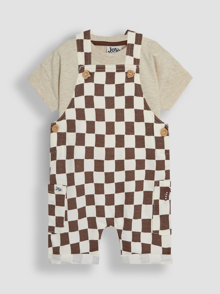 JoJo Maman Bébé Stone 2-Piece Checkerboard Dungarees & T-Shirt Set - Image 1 of 7