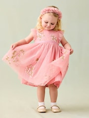 JoJo Maman Bébé Pink Floral Embroidered Tulle Party Dress - Image 1 of 9