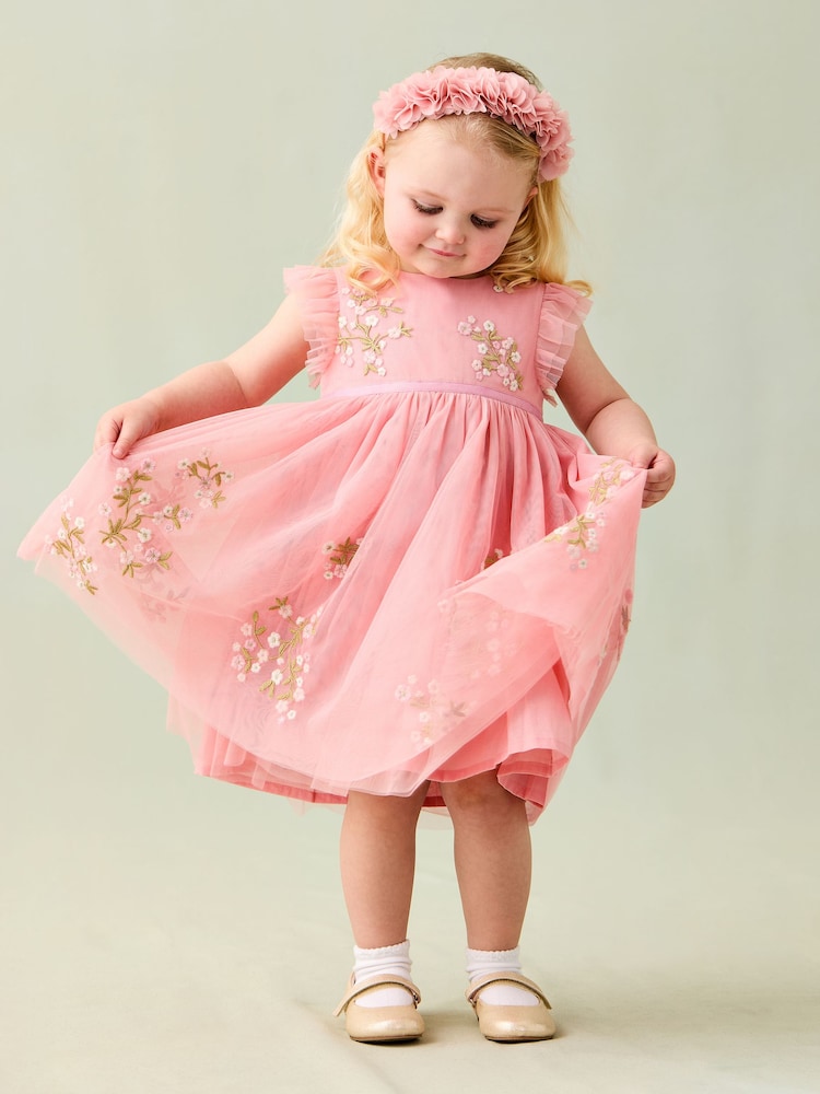 JoJo Maman Bébé Pink Floral Embroidered Tulle Party Dress - Image 1 of 9