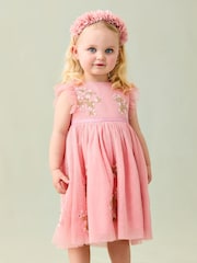 JoJo Maman Bébé Pink Floral Embroidered Tulle Party Dress - Image 2 of 9