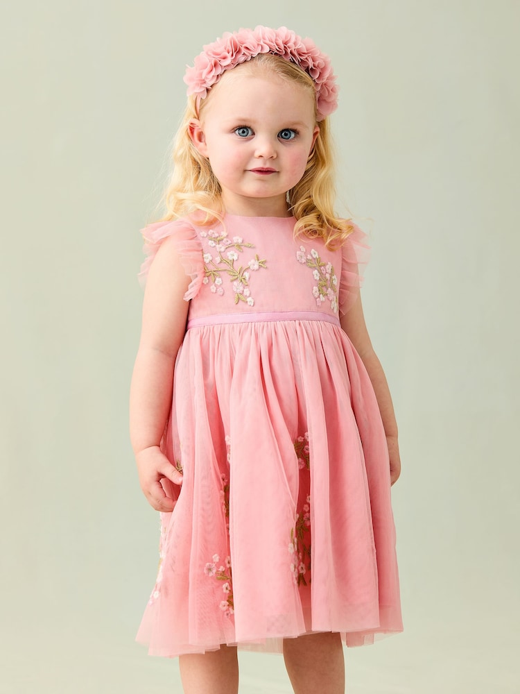 JoJo Maman Bébé Pink Floral Embroidered Tulle Party Dress - Image 2 of 9