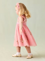 JoJo Maman Bébé Pink Floral Embroidered Tulle Party Dress - Image 3 of 9