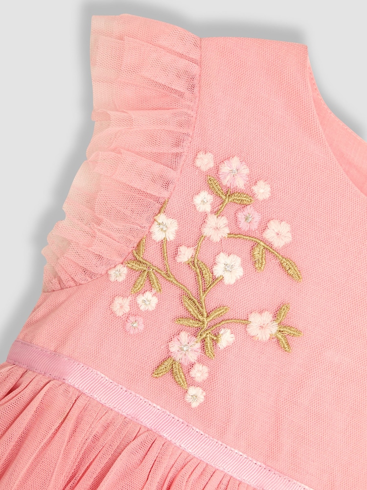 JoJo Maman Bébé Pink Floral Embroidered Tulle Party Dress - Image 3 of 9