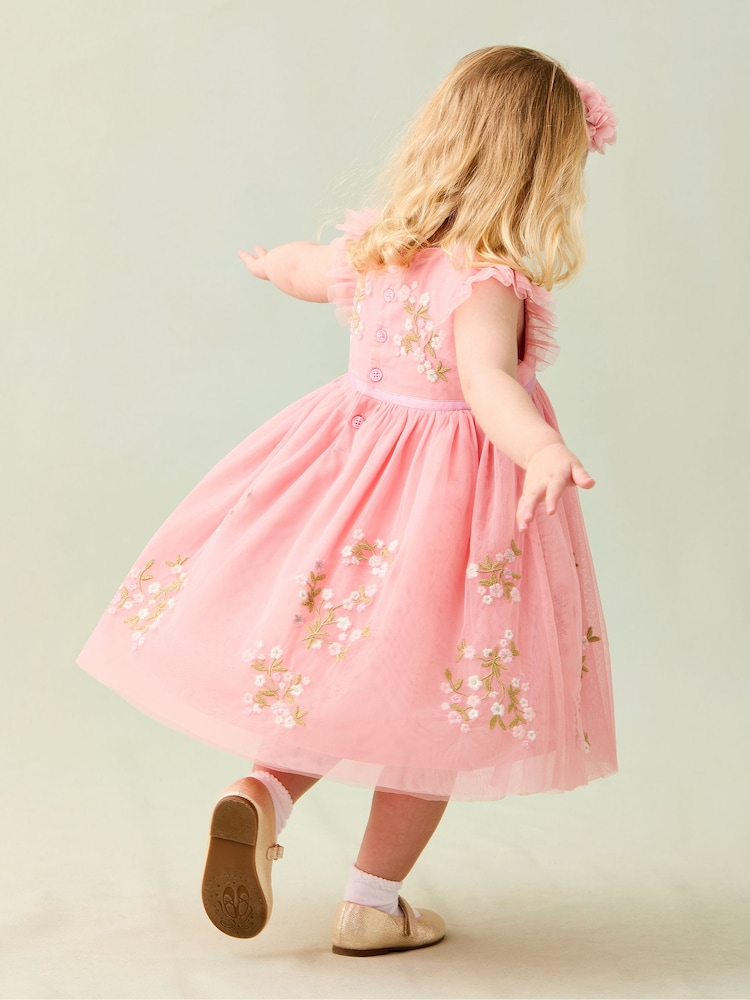 JoJo Maman Bébé Pink Floral Embroidered Tulle Party Dress - Image 4 of 9