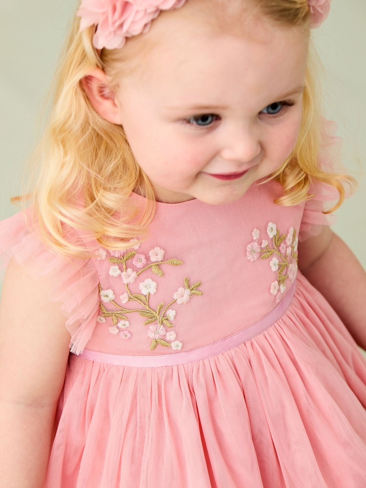 JoJo Maman Bébé Pink Floral Embroidered Tulle Party Dress - Image 5 of 9
