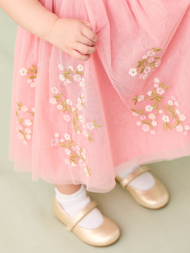 JoJo Maman Bébé Pink Floral Embroidered Tulle Party Dress - Image 6 of 9