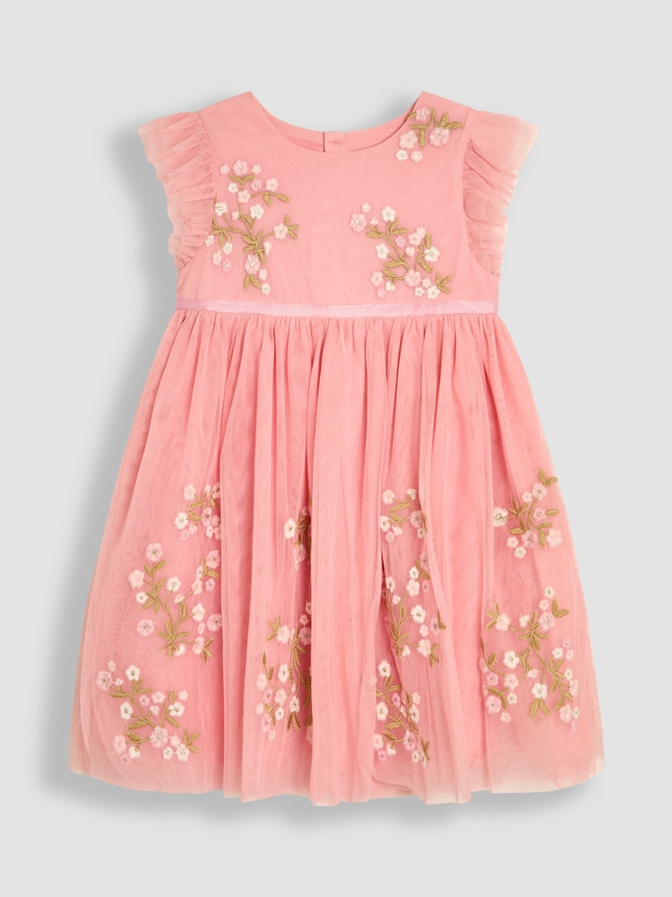 JoJo Maman Bébé Pink Floral Embroidered Tulle Party Dress - Image 7 of 9