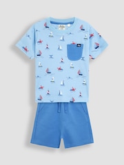 JoJo Maman Bébé Blue Boat 100% Cotton Prtinted T-Shirt & Shorts Set - Image 1 of 6