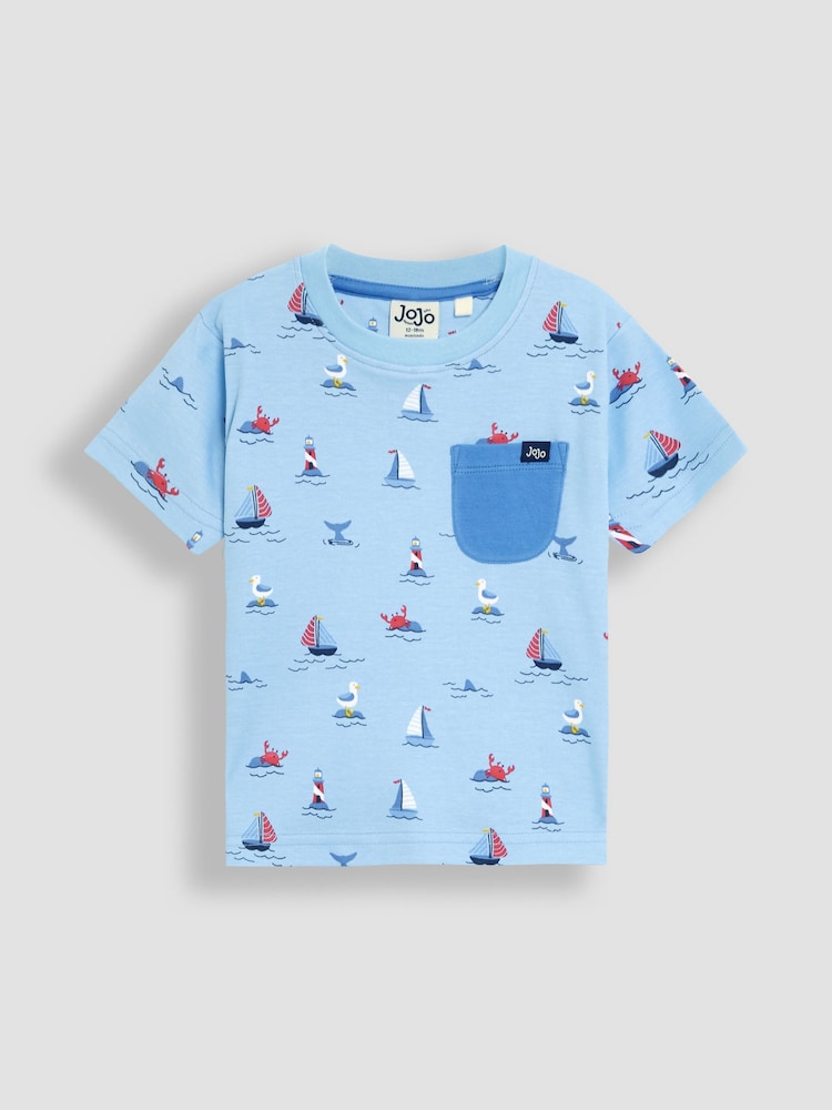 JoJo Maman Bébé Blue Boat 100% Cotton Prtinted T-Shirt & Shorts Set - Image 2 of 6