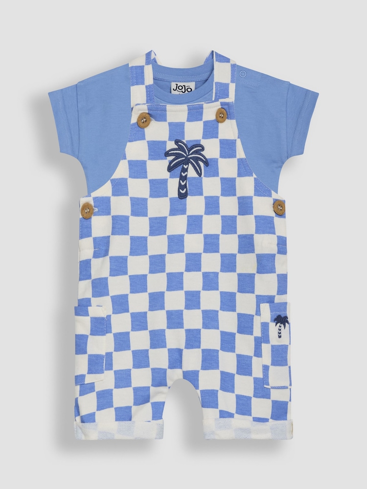 JoJo Maman Bébé Blue 2-Piece Checkerboard Dungarees & T-Shirt Set - Image 1 of 6 JoJo Maman Bébé Blue 2-Piece Checkerboard Dungarees & T-Shirt Set - Image 1 of 6