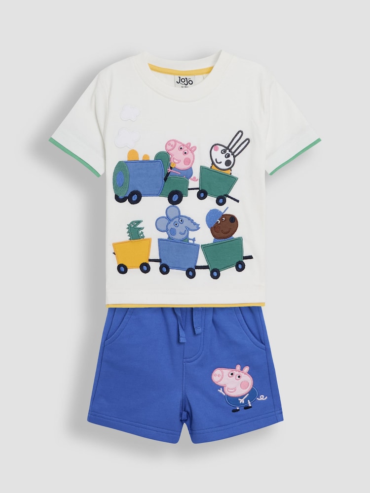 JoJo Maman Bébé Blue 2 Piece Peppa Pig Appliqué 100% Cotton T-Shirt & Shorts Set - Image 1 of 7