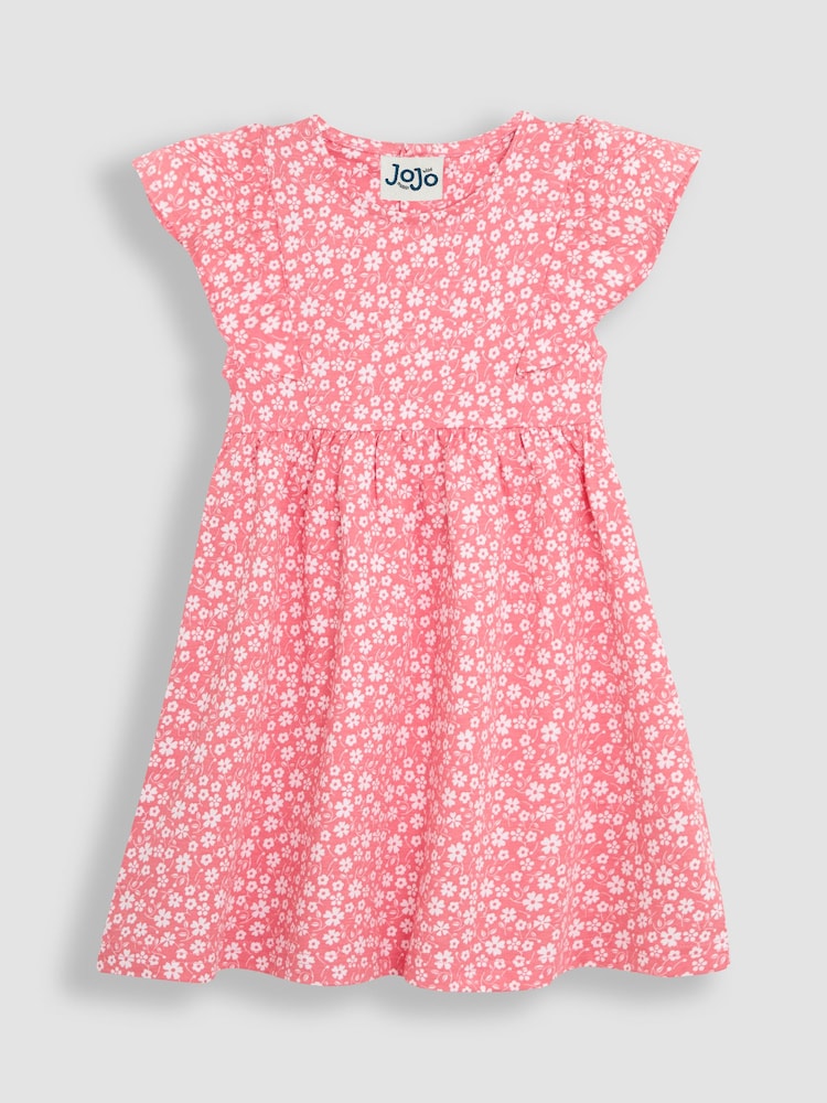JoJo Maman Bébé Coral Pink Ditsy Floral Print 100% Cotton Dress - Image 1 of 3
