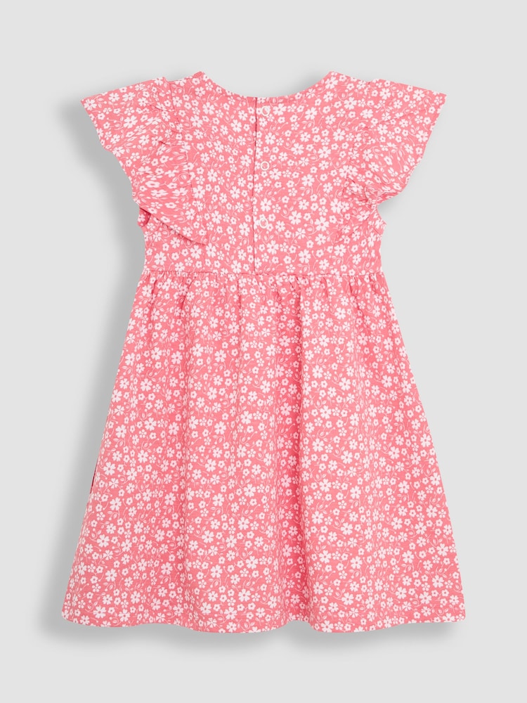 JoJo Maman Bébé Coral Pink Ditsy Floral Print 100% Cotton Dress - Image 2 of 3