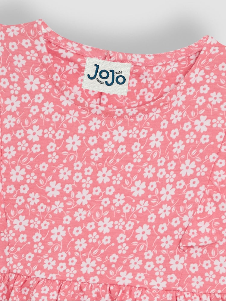 JoJo Maman Bébé Coral Pink Ditsy Floral Print 100% Cotton Dress - Image 3 of 3
