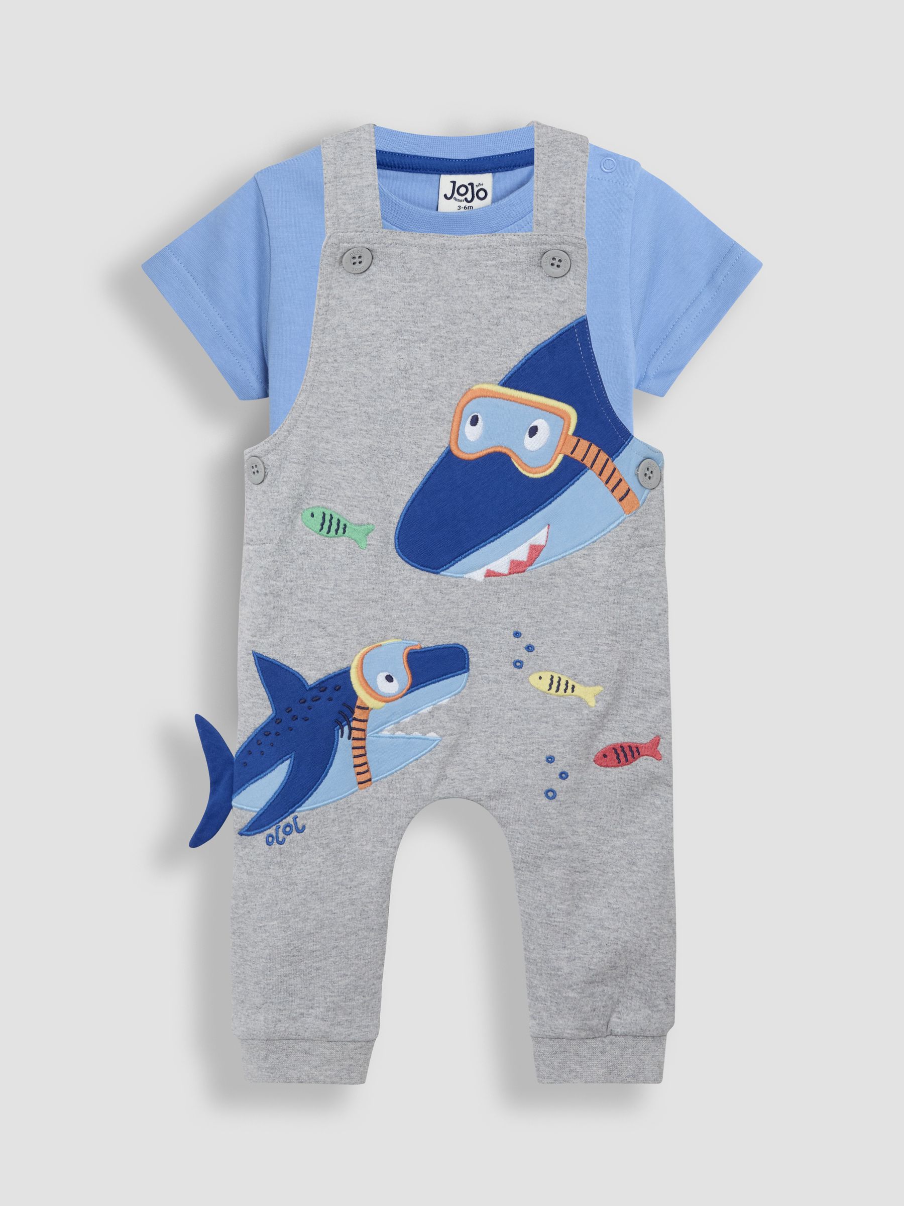 JoJo Maman Bébé Grey Shark 2-Piece Appliqué Dungarees & T-Shirt Set