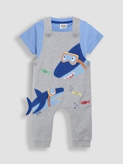 JoJo Maman Bébé Grey Shark 2-Piece Appliqué Dungarees & T-Shirt Set - Image 1 of 7