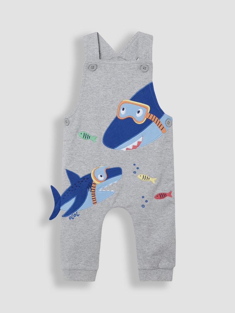 JoJo Maman Bébé Grey Shark 2-Piece Appliqué Dungarees & T-Shirt Set - Image 2 of 7