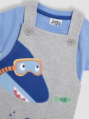 JoJo Maman Bébé Grey Shark 2-Piece Appliqué Dungarees & T-Shirt Set - Image 6 of 7