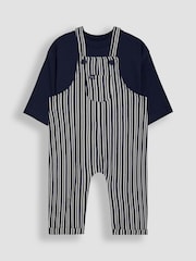 JoJo Maman Bébé Navy Stripe 100% Cotton Dungarees & Top Set - Image 1 of 6