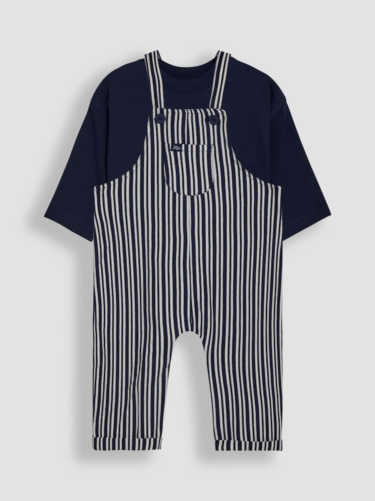 JoJo Maman Bébé Navy Stripe 100% Cotton Dungarees & Top Set - Image 1 of 6