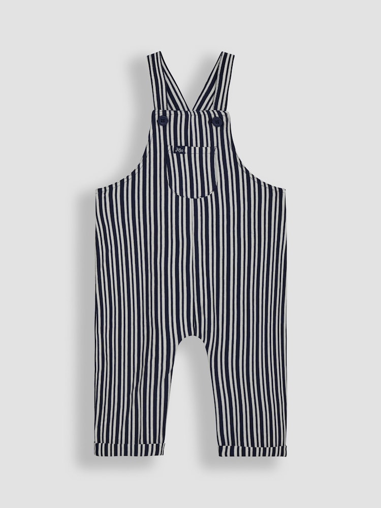 JoJo Maman Bébé Navy Stripe 100% Cotton Dungarees & Top Set - Image 2 of 6