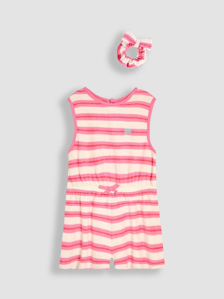JoJo Maman Bébé Pink Stripe Towelling Sunsuit & Scrunchie - Image 1 of 5