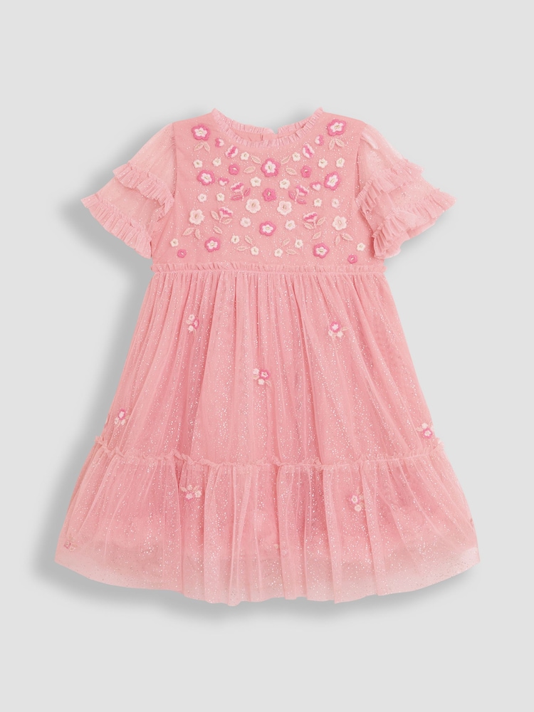JoJo Maman Bébé Pink Floral Embroidered Tiered Tulle Party Dress - Image 1 of 4