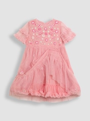 JoJo Maman Bébé Pink Floral Embroidered Tiered Tulle Party Dress - Image 2 of 4
