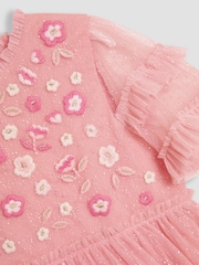JoJo Maman Bébé Pink Floral Embroidered Tiered Tulle Party Dress - Image 4 of 4