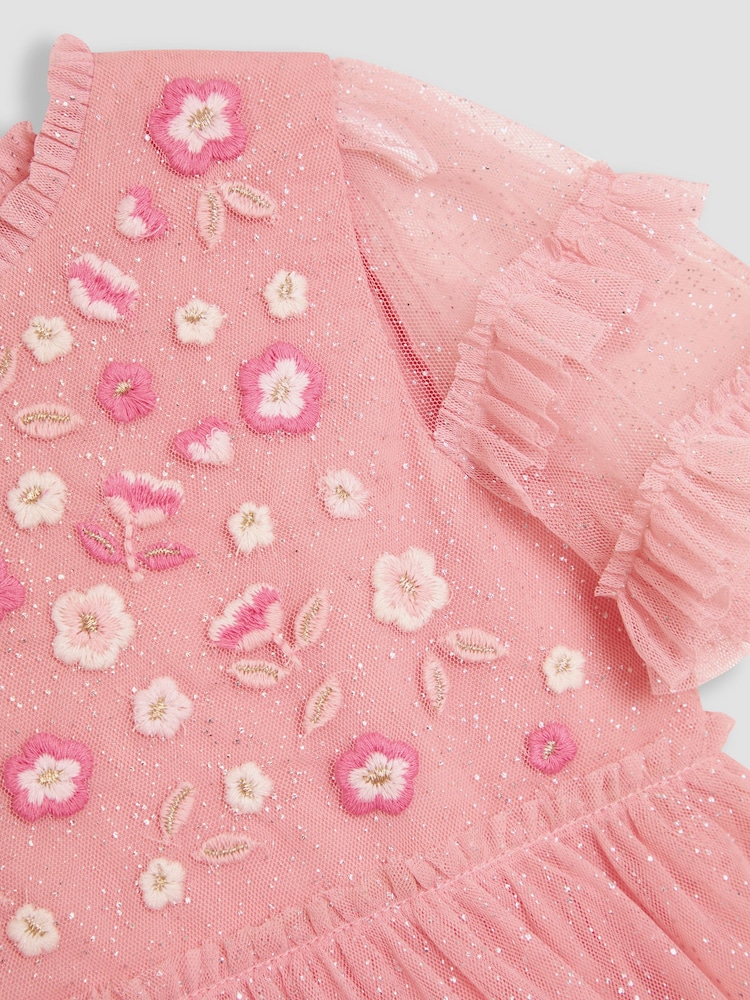 JoJo Maman Bébé Pink Floral Embroidered Tiered Tulle Party Dress - Image 4 of 4