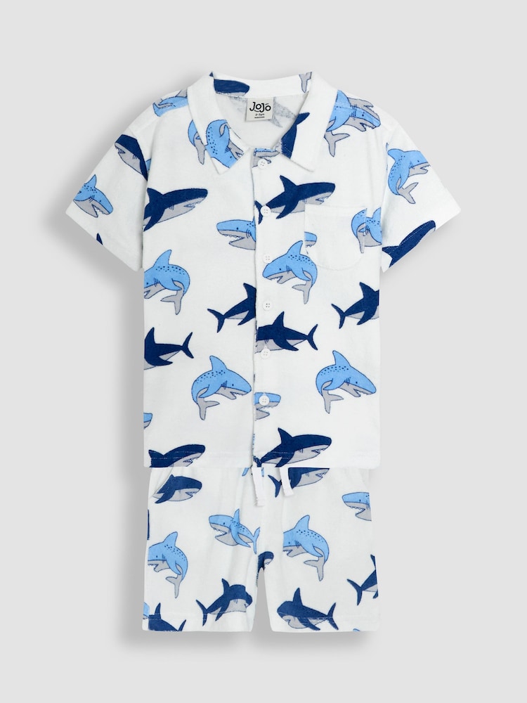 JoJo Maman Bébé Ecru 2-Piece Shark Textured Shirt & Shorts Set - Image 1 of 6
