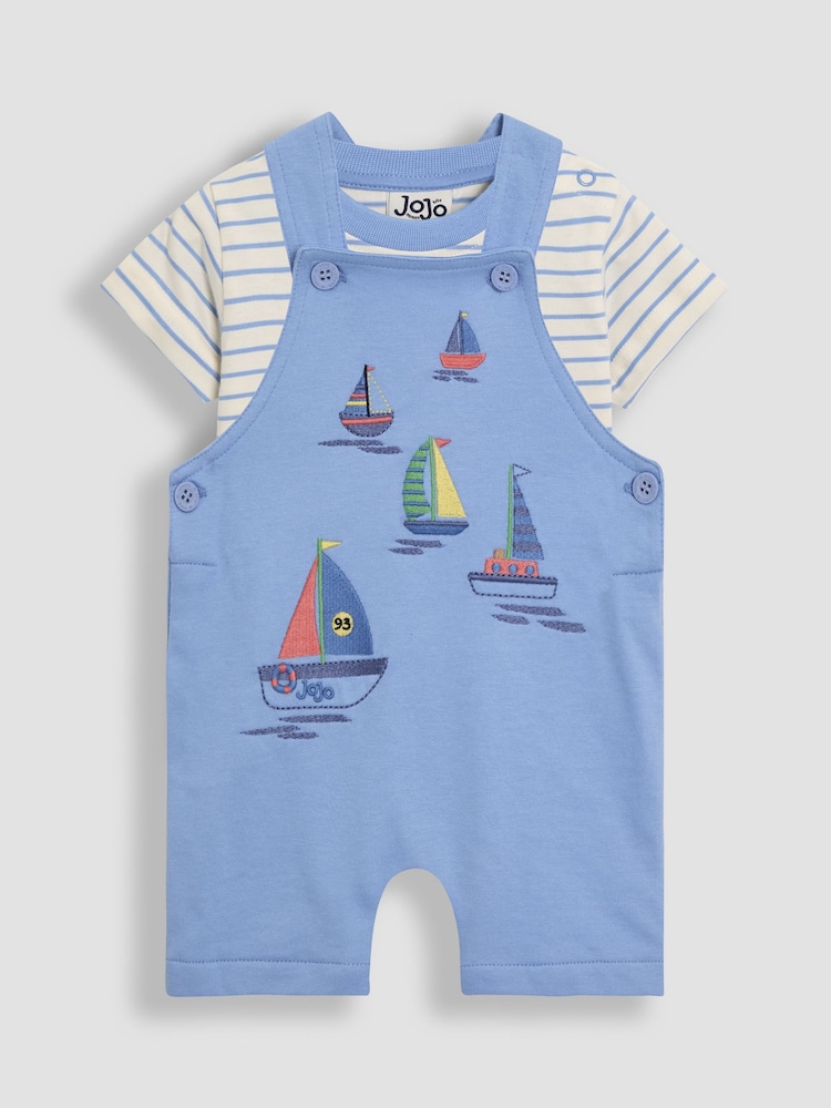 JoJo Maman Bébé Blue Boat 2-Piece Appliqué Dungarees & T-Shirt Set - Image 1 of 7