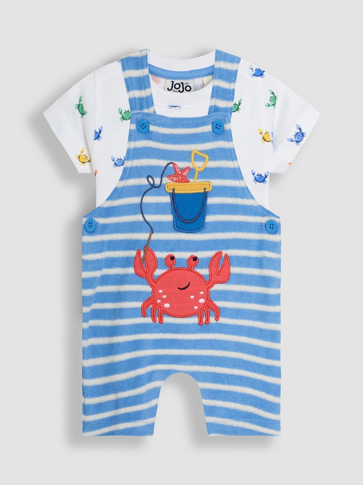 JoJo Maman Bébé Blue Crab 2-Piece Appliqué Dungarees & T-Shirt Set - Image 1 of 8