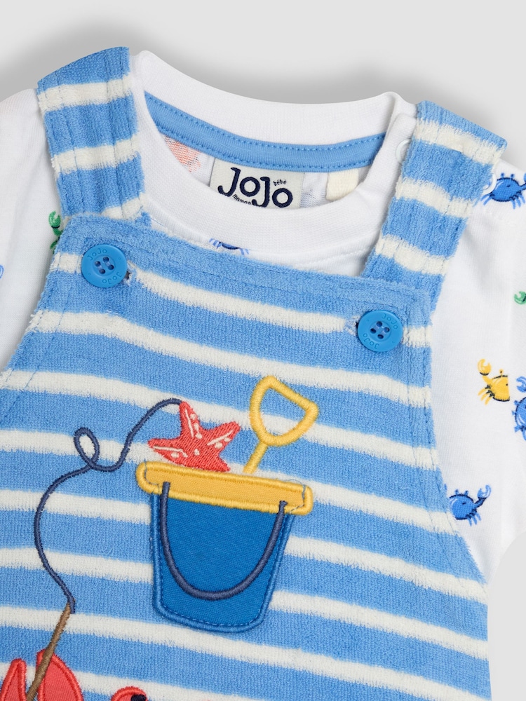 JoJo Maman Bébé Blue Crab 2-Piece Appliqué Dungarees & T-Shirt Set - Image 8 of 8
