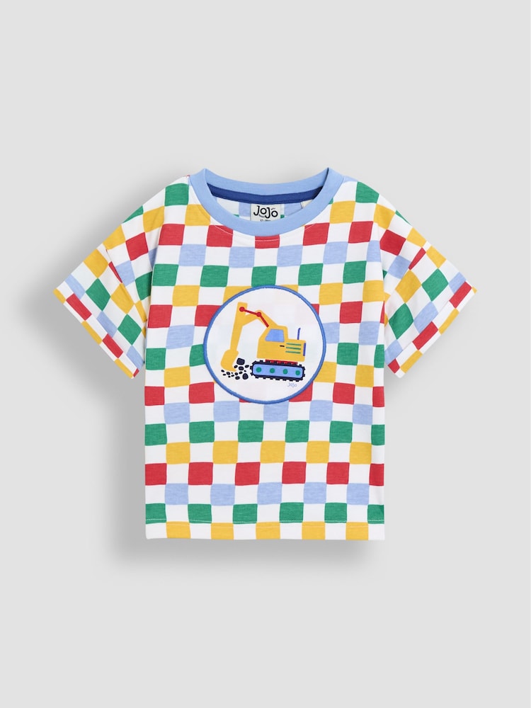 JoJo Maman Bébé Multi Construction Appliqué Checkerboard T-Shirt - Image 1 of 3