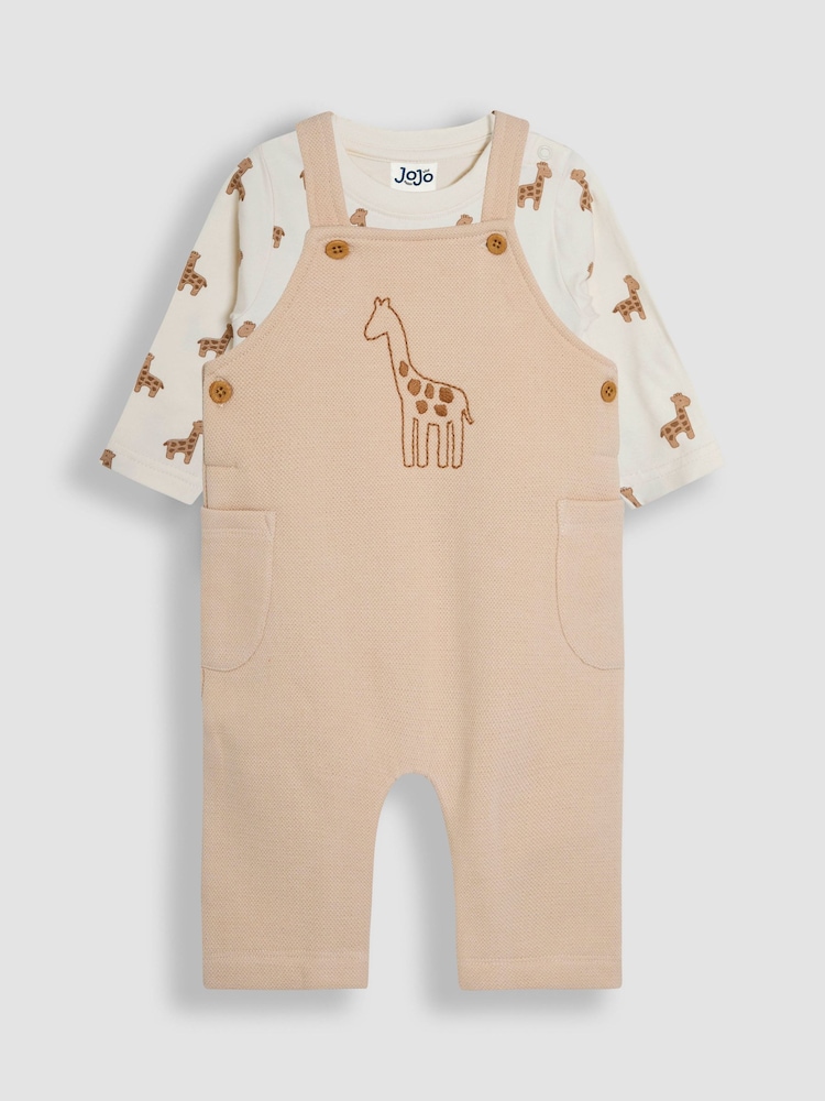 JoJo Maman Bébé Stone Giraffe Embroidered Dungarees & T-Shirt Set - Image 1 of 7