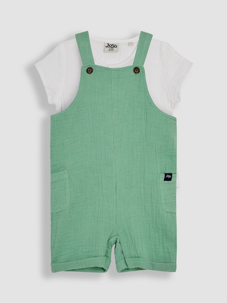 JoJo Maman Bébé Green 2-Piece Cheesecloth Dungarees & Bodysuit Set - Image 1 of 7