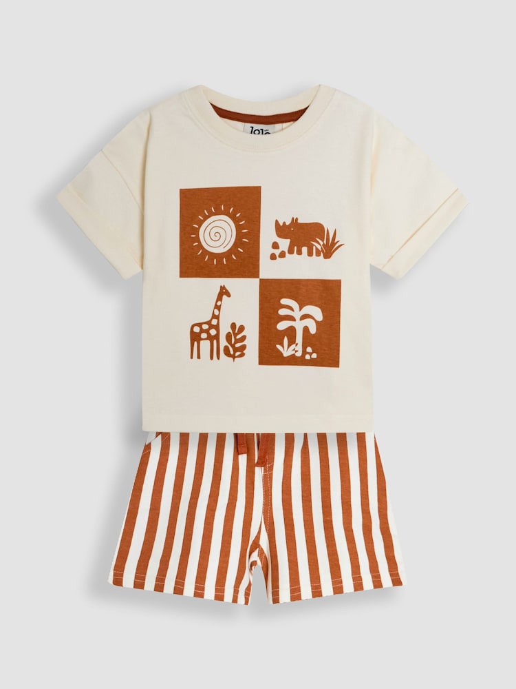 JoJo Maman Bébé Ecru 100% Cotton Prtinted T-Shirt & Shorts Set - Image 1 of 9