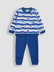 JoJo Maman Bébé Blue Sailboat Printed 100% Cotton Sweatshirt & Joggers Set - Image 1 of 4