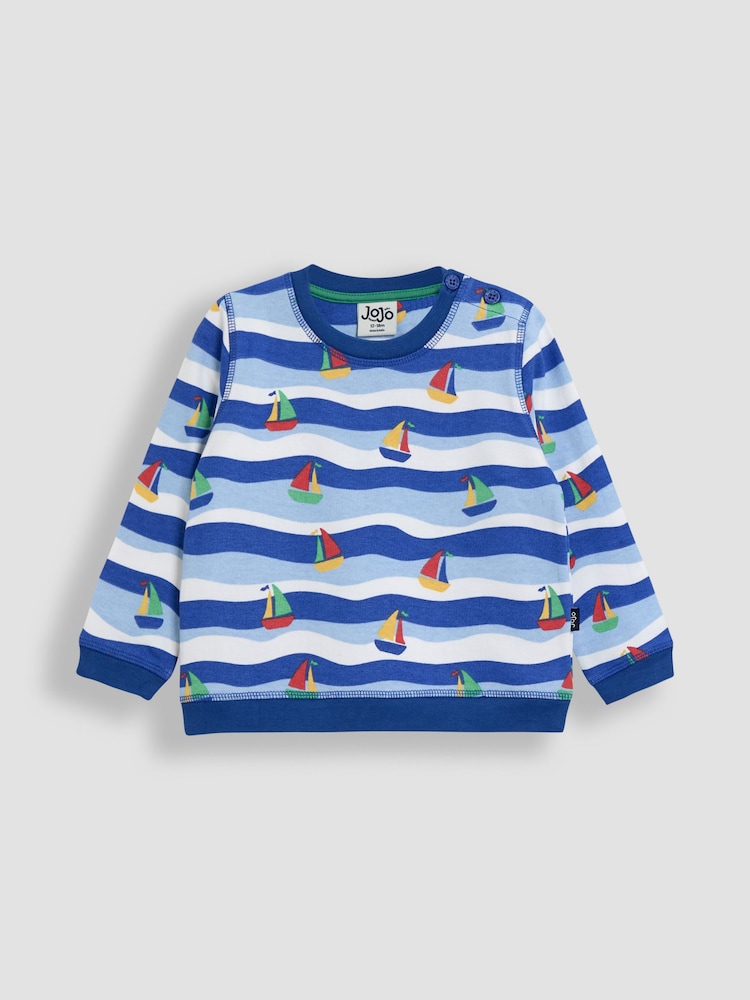 JoJo Maman Bébé Blue Sailboat Printed 100% Cotton Sweatshirt & Joggers Set - Image 2 of 4 JoJo Maman Bébé Blue Sailboat Printed 100% Cotton Sweatshirt & Joggers Set - Image 2 of 4