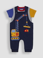 JoJo Maman Bébé Navy Crane 2-Piece Appliqué Dungarees & T-Shirt Set - Image 1 of 6